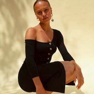 The Line by K Gemma Cardigan Dress S Black Ribbed Button Midi Off the Shoulder